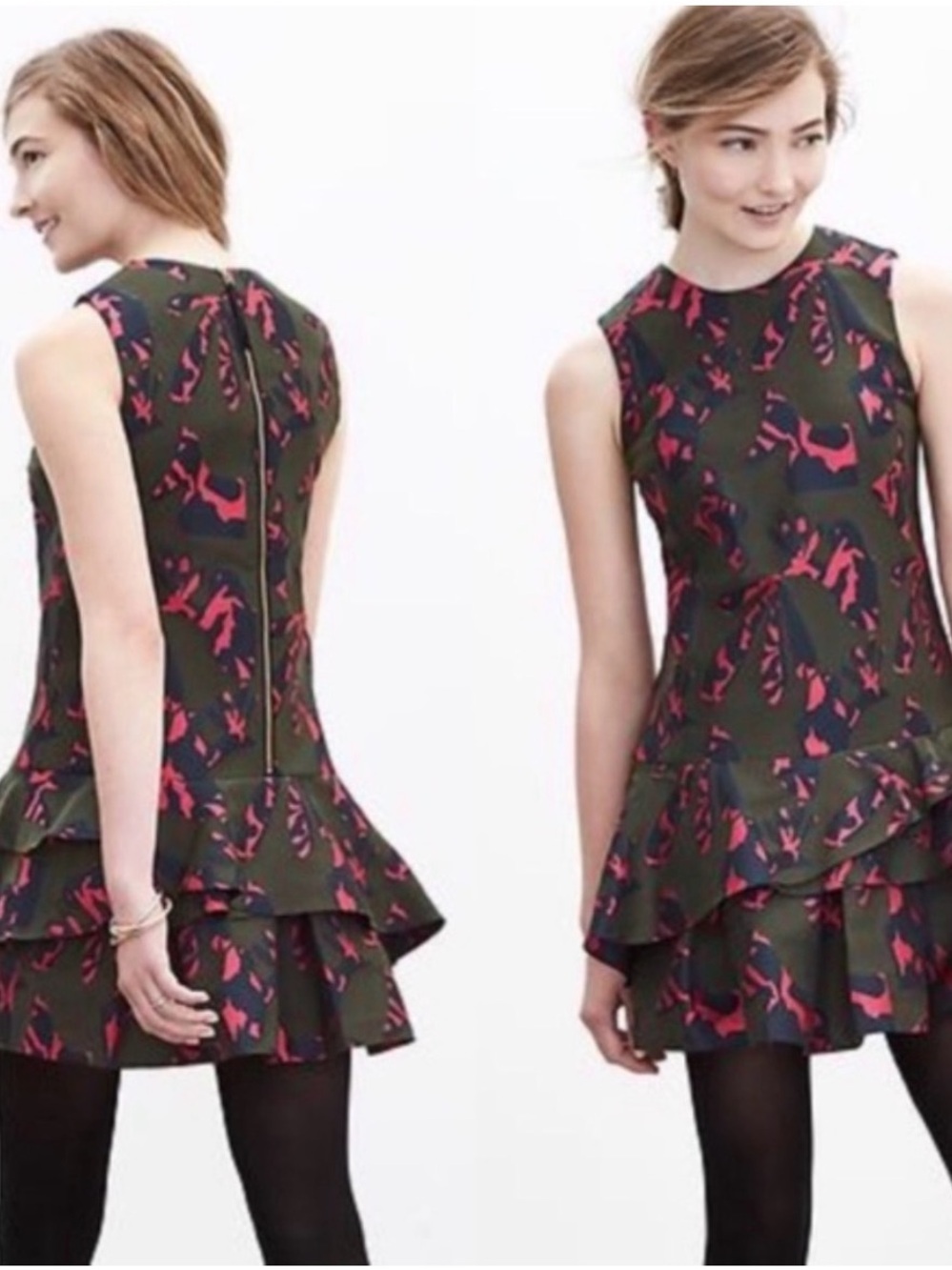 Banana Republic Jigsaw Mini Dress 2 Olive Pink Ruffle